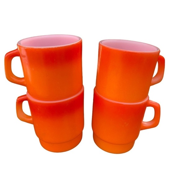 4 Vintage Anchor Hocking Fire King Orange Fade Stacking Glass Coffee Cup Mug Set - Picture 1 of 7